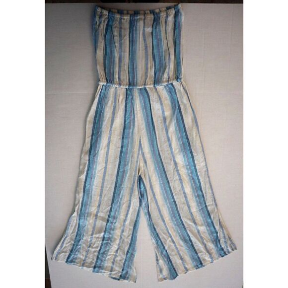 Elan NR-DVR7095 Women's Sz M White/Blue Striped Strapless Coulotte Jumpsuit - Picture 2 of 8